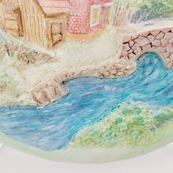 Vintage Chalkware Hand-Painted Ceramic 3D Wall Plate Cottage on River & Bridge - Picture 8 of 9